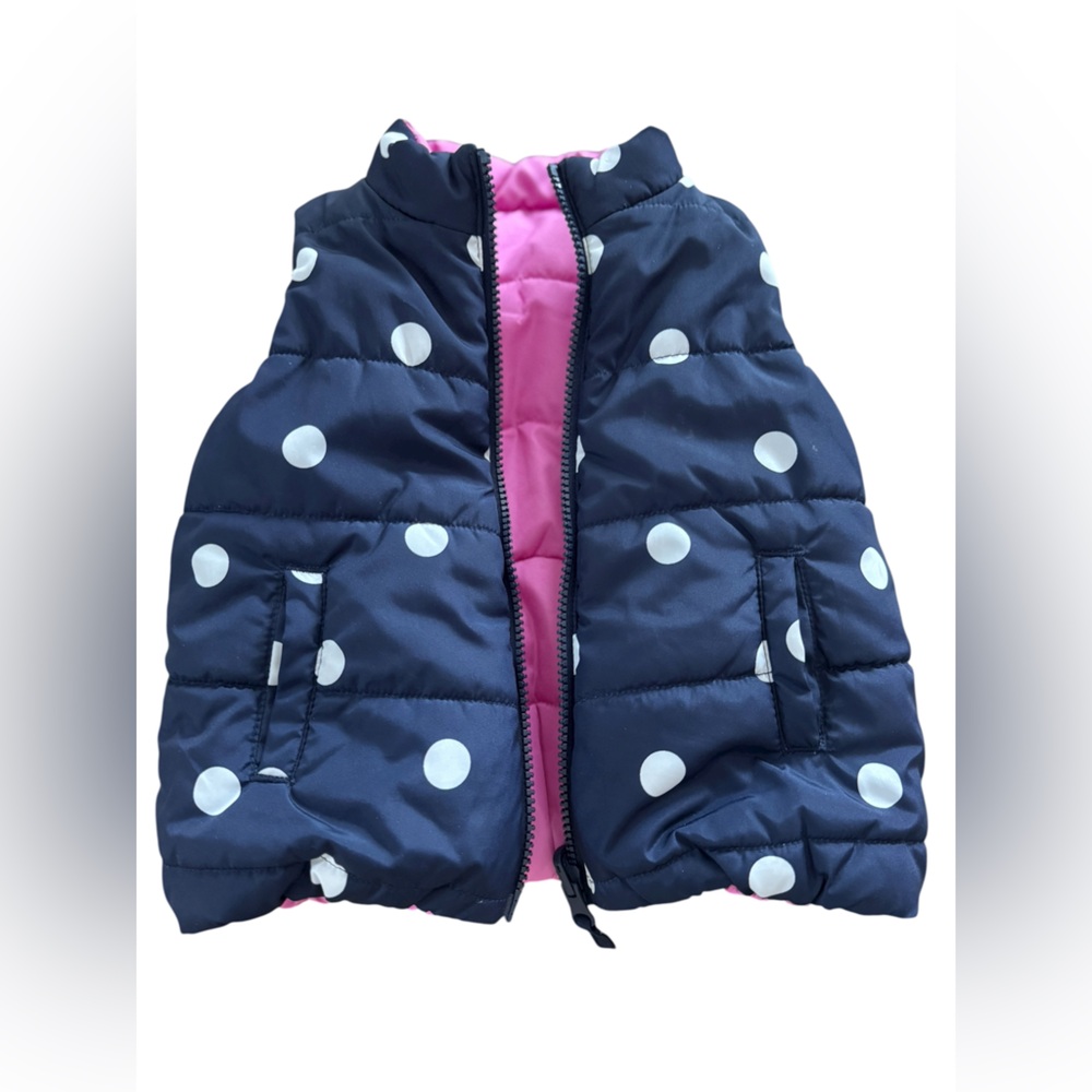 Reversible Two Tone Navy White Polka Dot and Pink Baby Girl Kids Puffer Vest